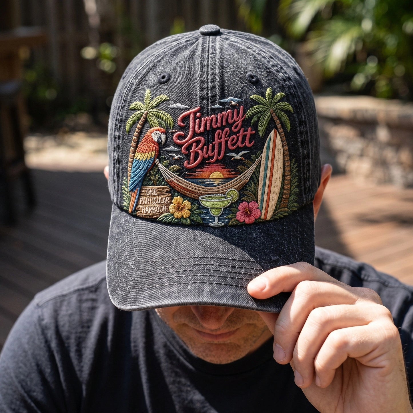 JBU Harbor Sunset Parrot Distressed Denim Cap