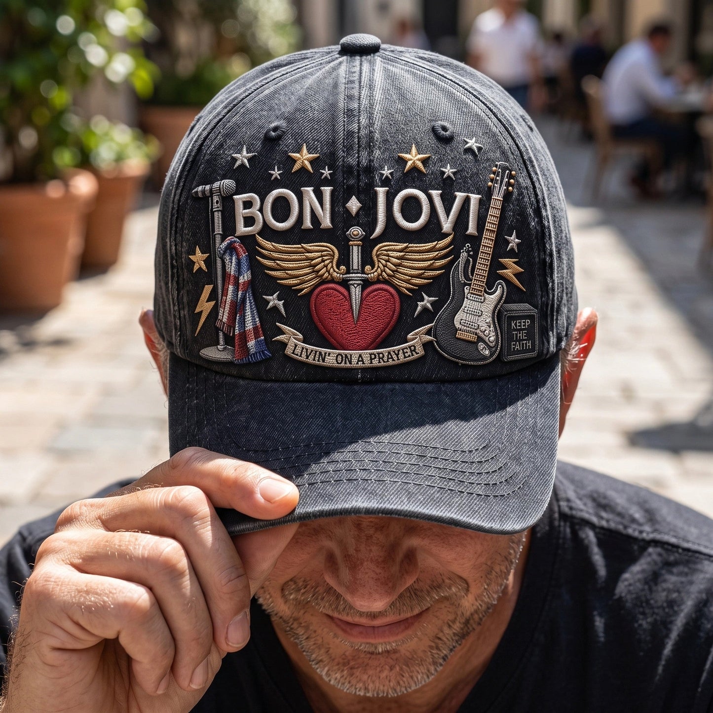 BJO Prayer Guitar Heart Distressed Denim Cap