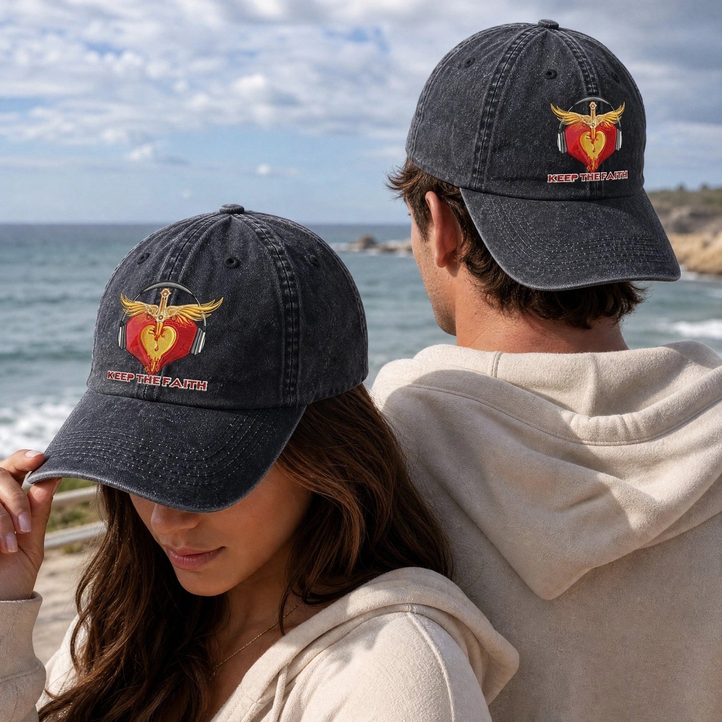 BJO Sacred Heart Faith Distressed Denim Cap
