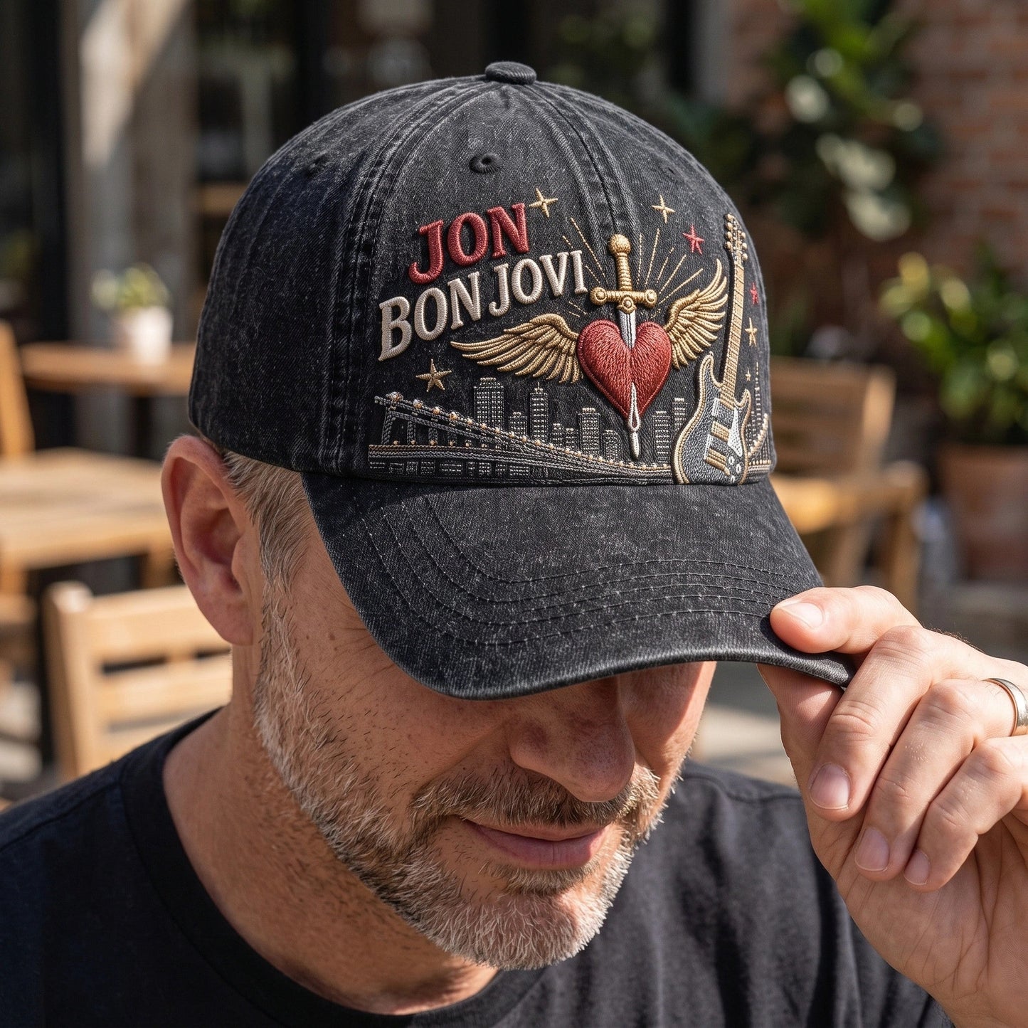 BJO Urban Skyline Guitar Heart Distressed Denim Cap