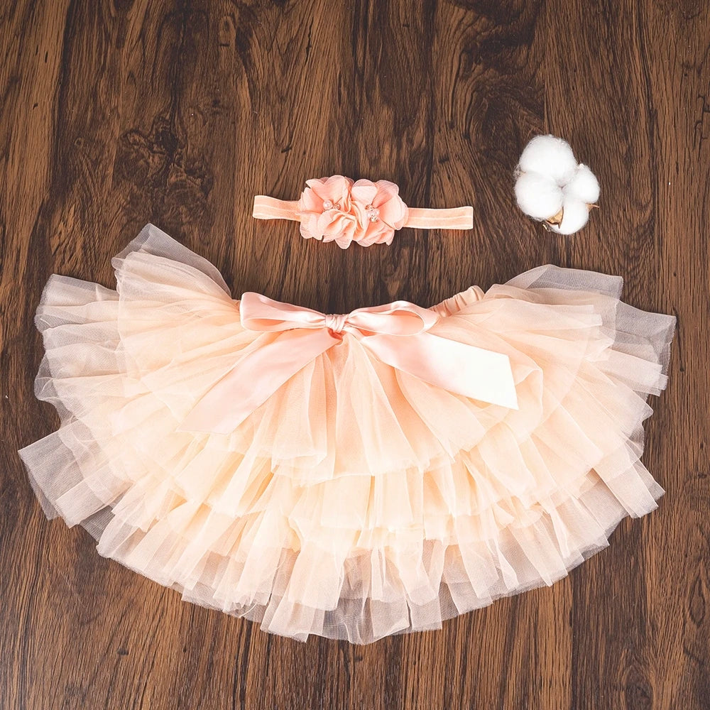 Baby Girls Tulle Tutu Bloomers Infant Newborn Diapers Cover 2pcs Short Skirts+Headband Set Girls Skirts Rainbow Baby Skirt