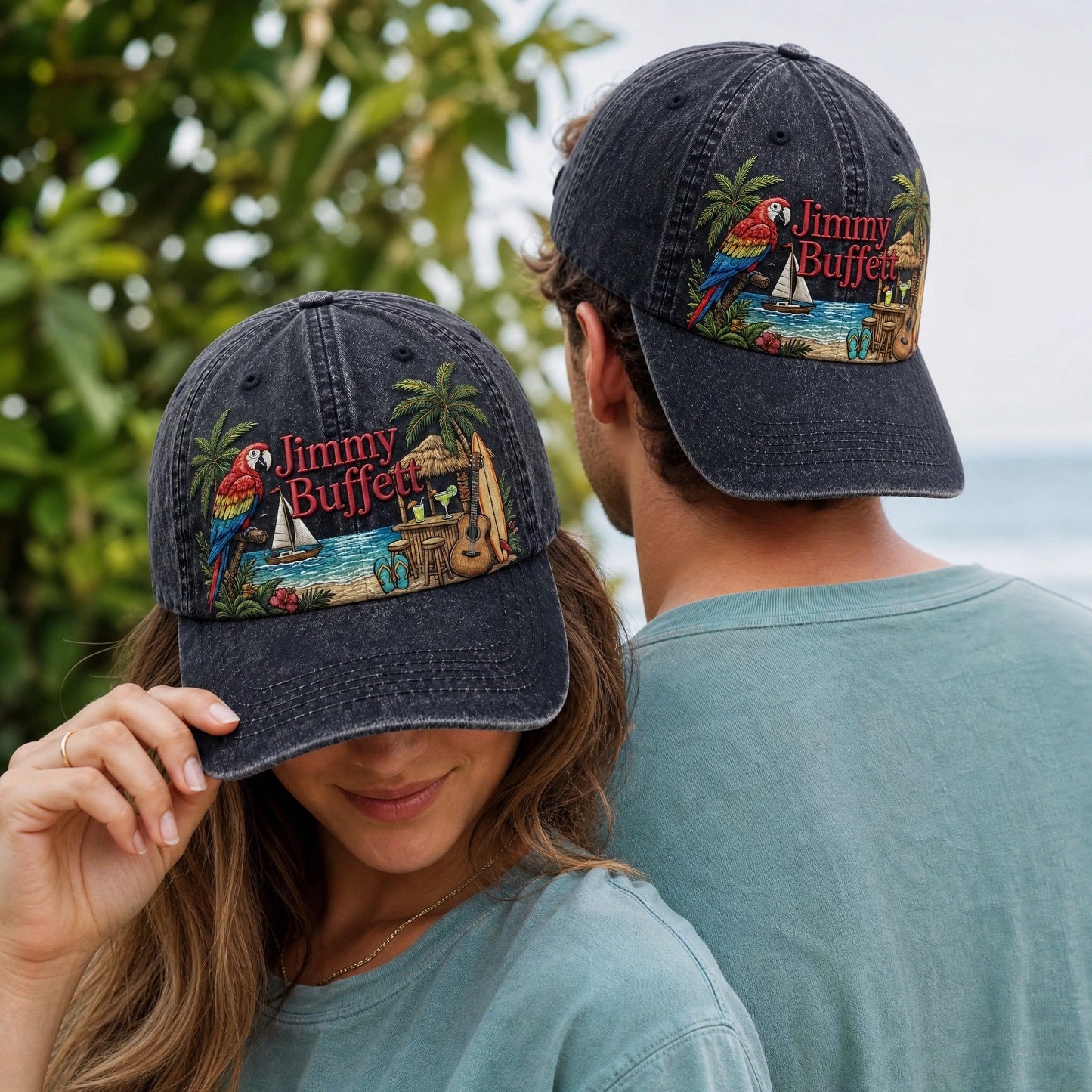 JBU Beach Parrot Getaway Distressed Denim Cap