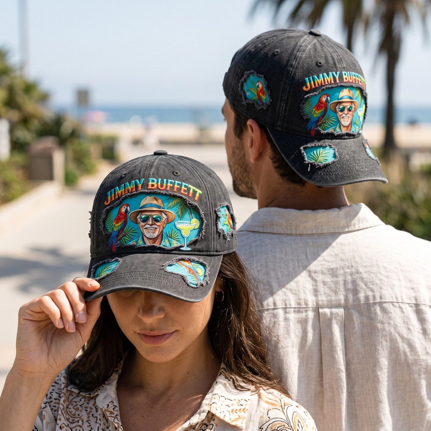 JBU Margarita Portrait Parrot Distressed Denim Cap