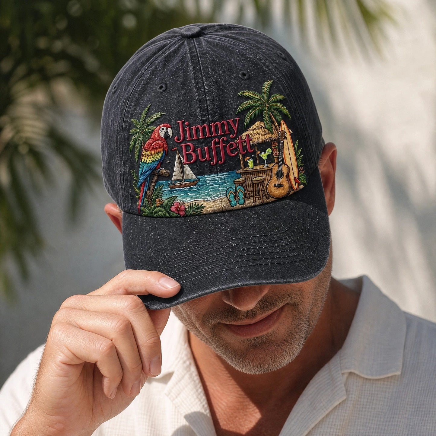 JBU Beach Parrot Getaway Distressed Denim Cap