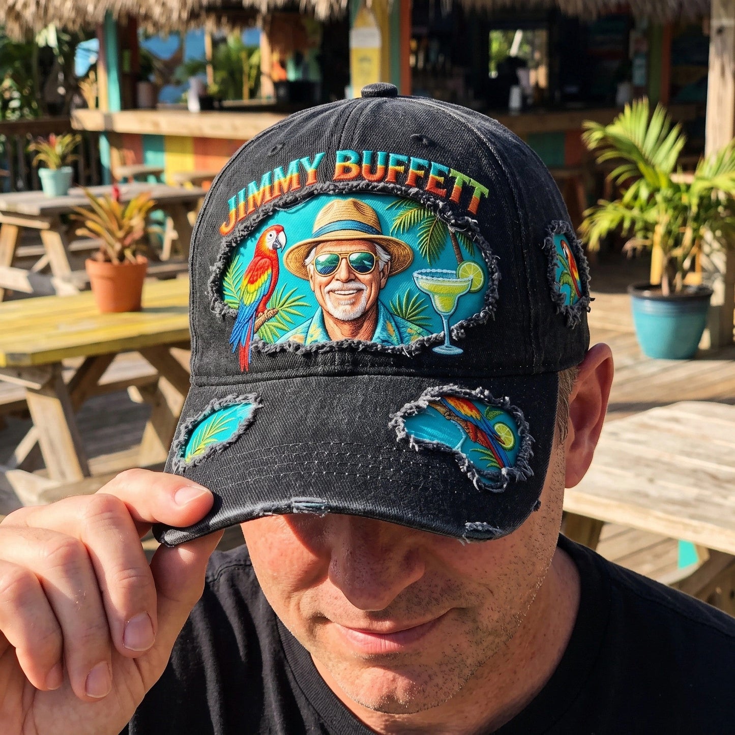 JBU Margarita Portrait Parrot Distressed Denim Cap