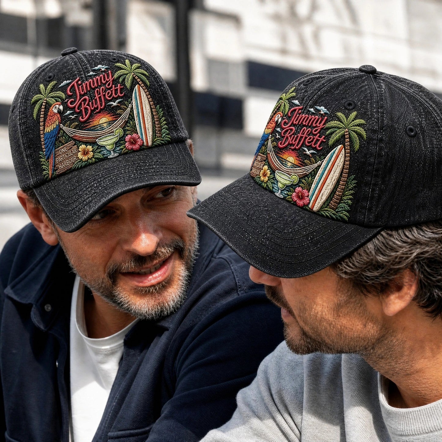 JBU Harbor Sunset Parrot Distressed Denim Cap