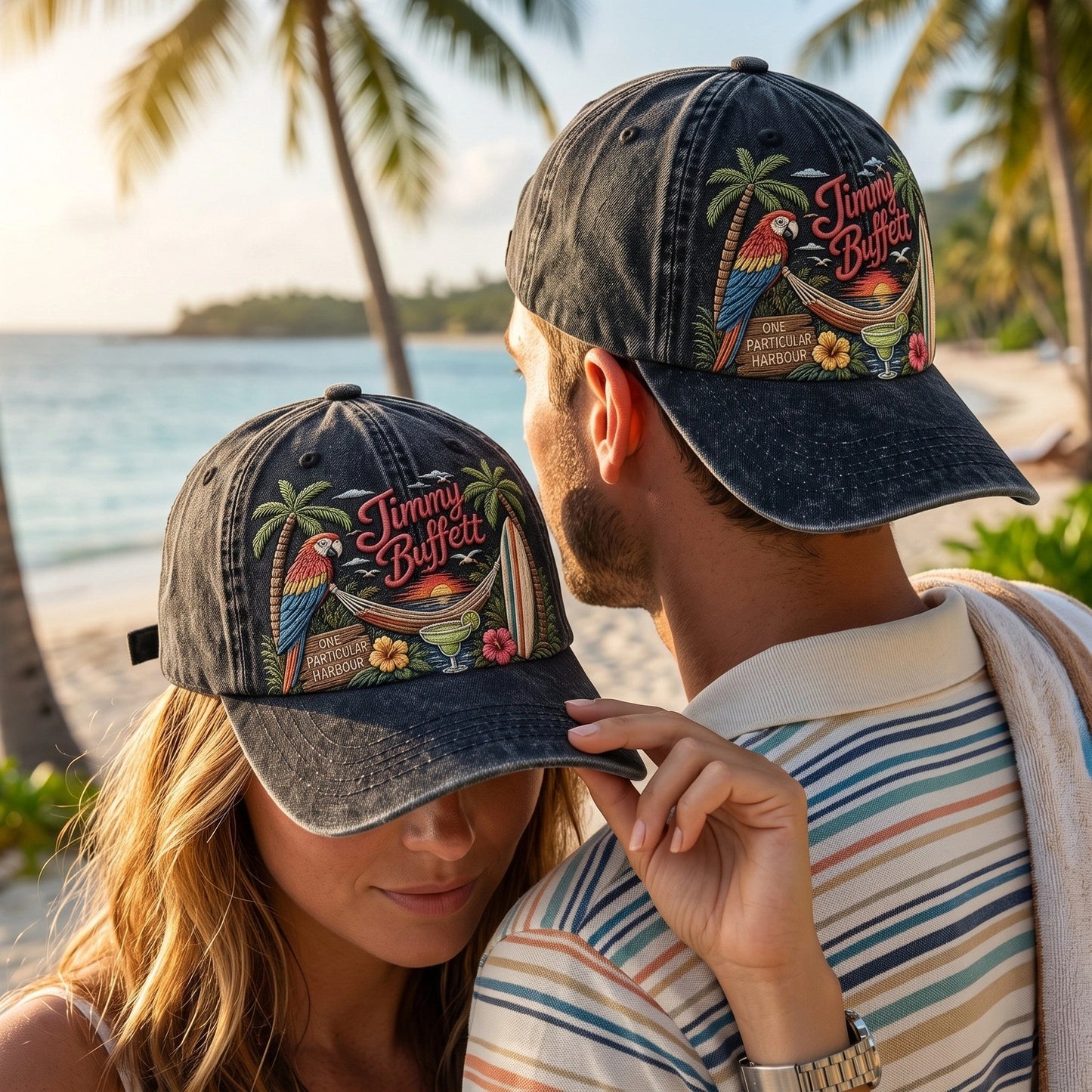 JBU Harbor Sunset Parrot Distressed Denim Cap
