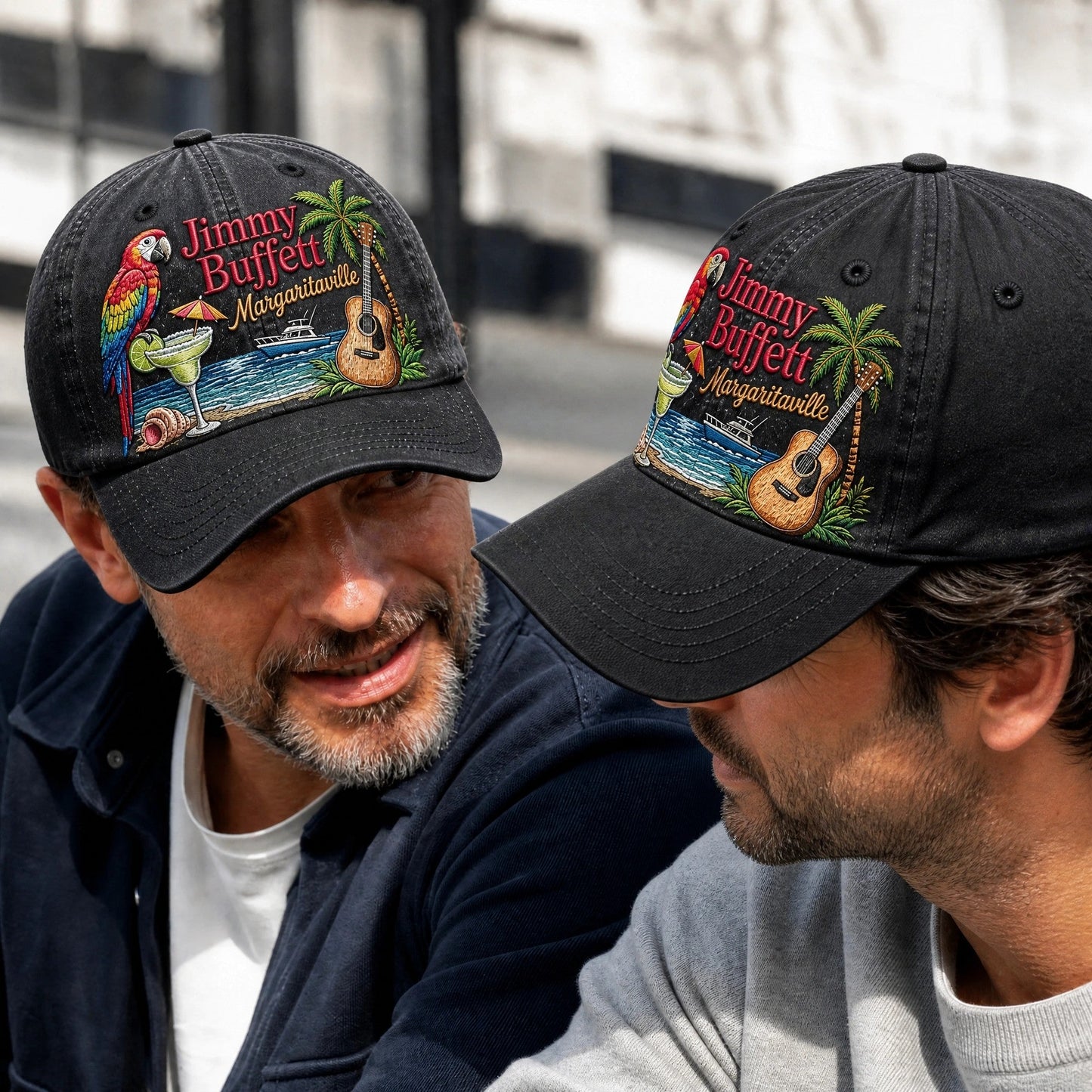 JBU Margaritaville Beach Parrot Distressed Denim Cap