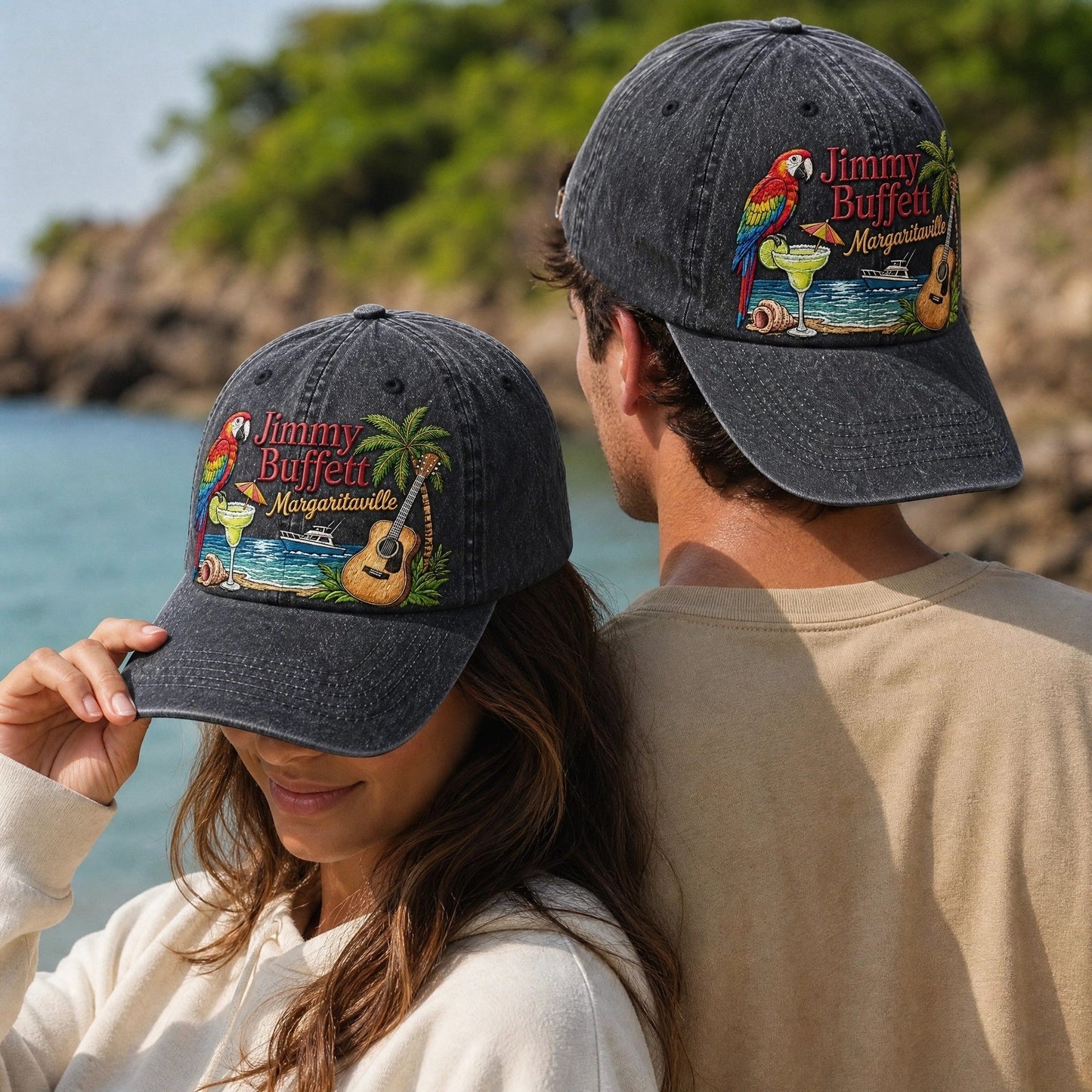 JBU Margaritaville Beach Parrot Distressed Denim Cap