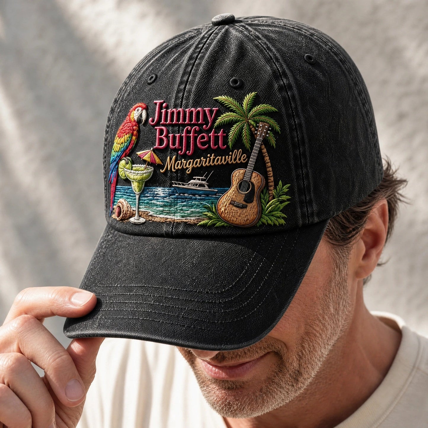 JBU Margaritaville Beach Parrot Distressed Denim Cap