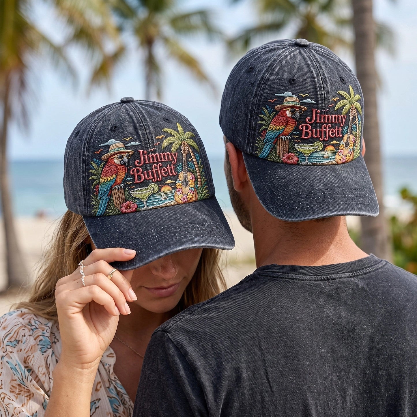 JBU Tropical Guitar Sunset Distressed Denim Cap
