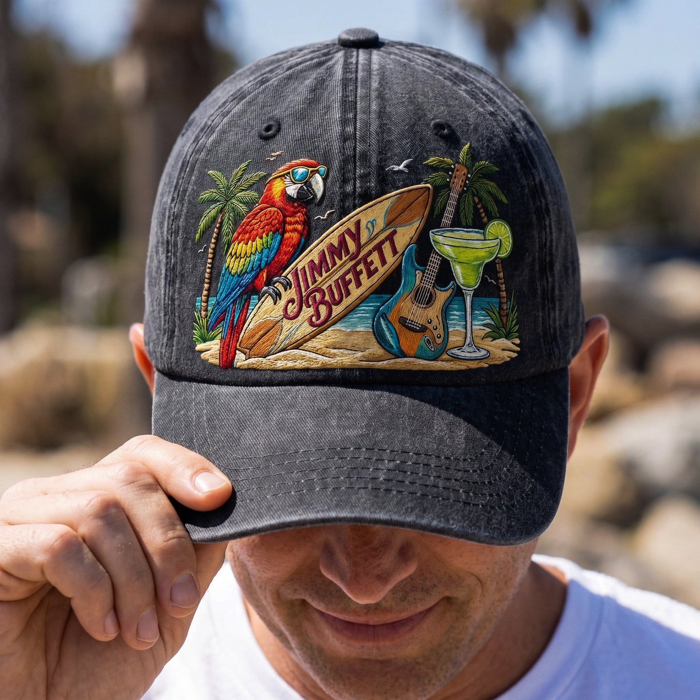 JBU Surfside Parrot Escape Distressed Denim Cap