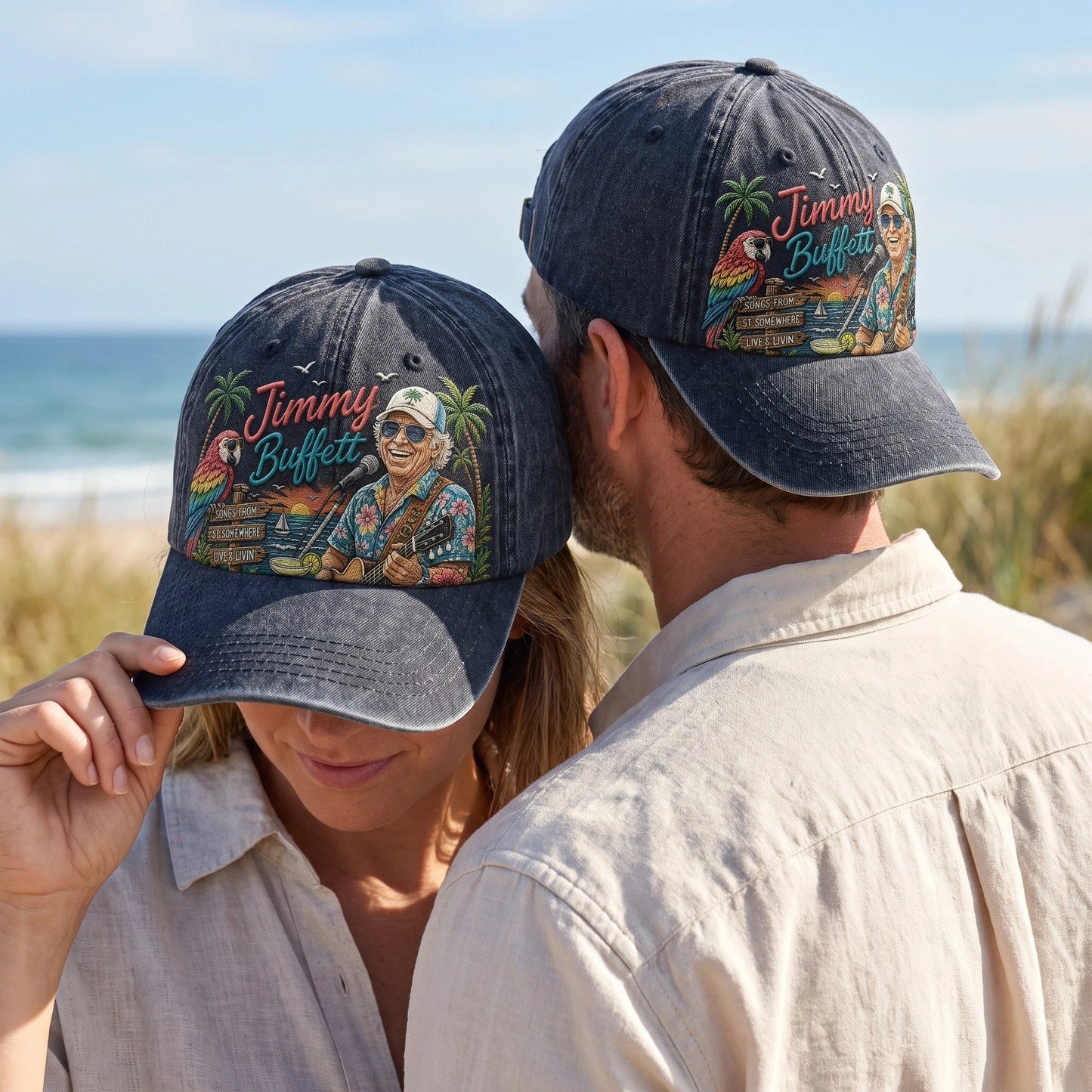 JBU Guitar Clockside Parrot Distressed Denim Cap