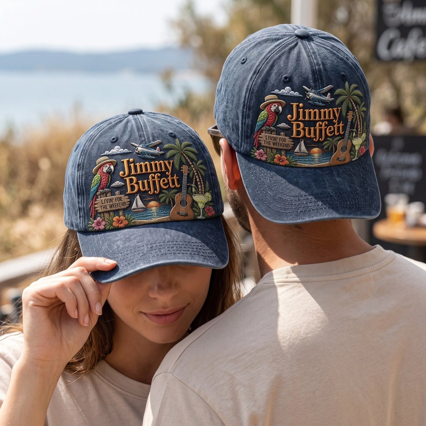 JBU Weekend Island Parrot Distressed Denim Cap