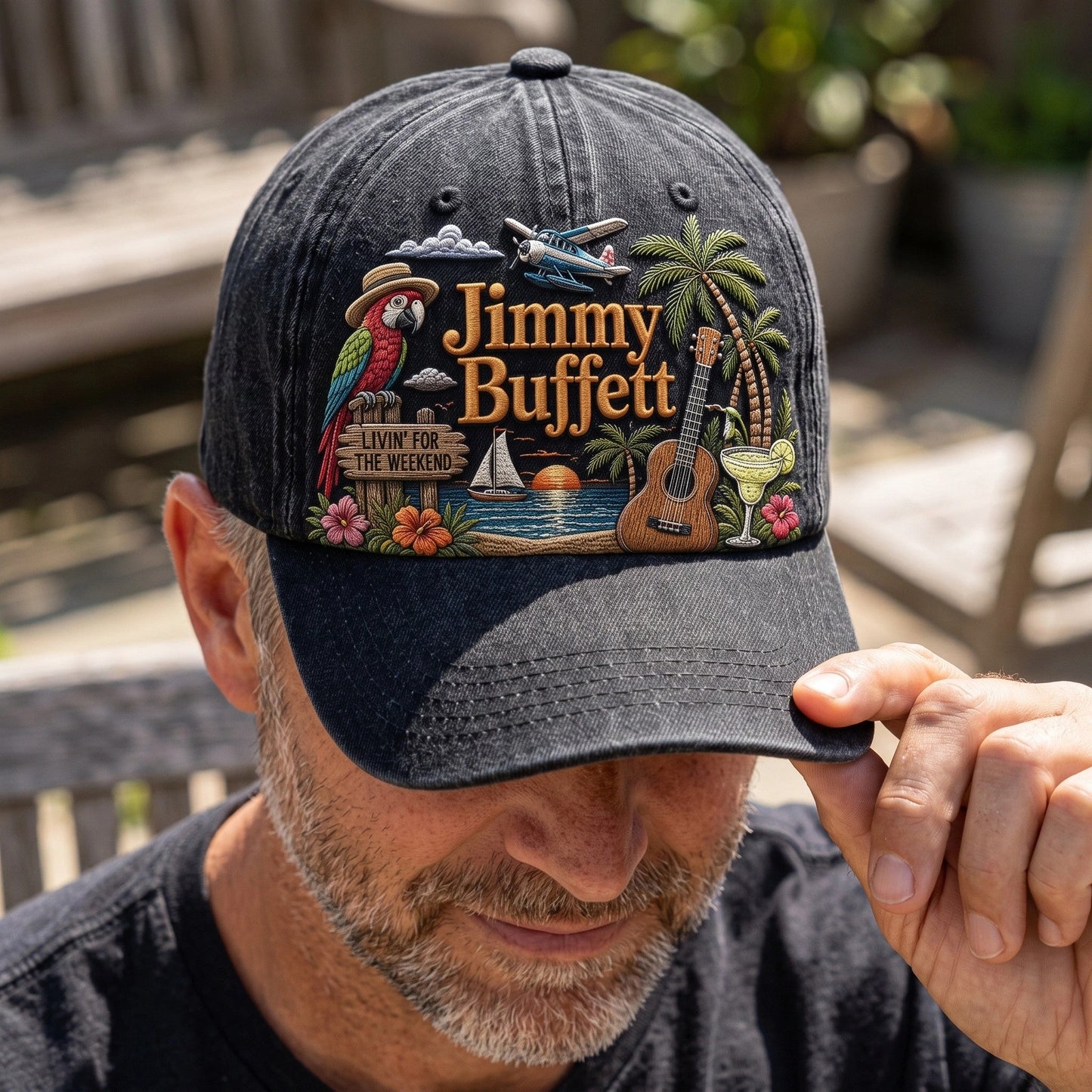 JBU Weekend Island Parrot Distressed Denim Cap