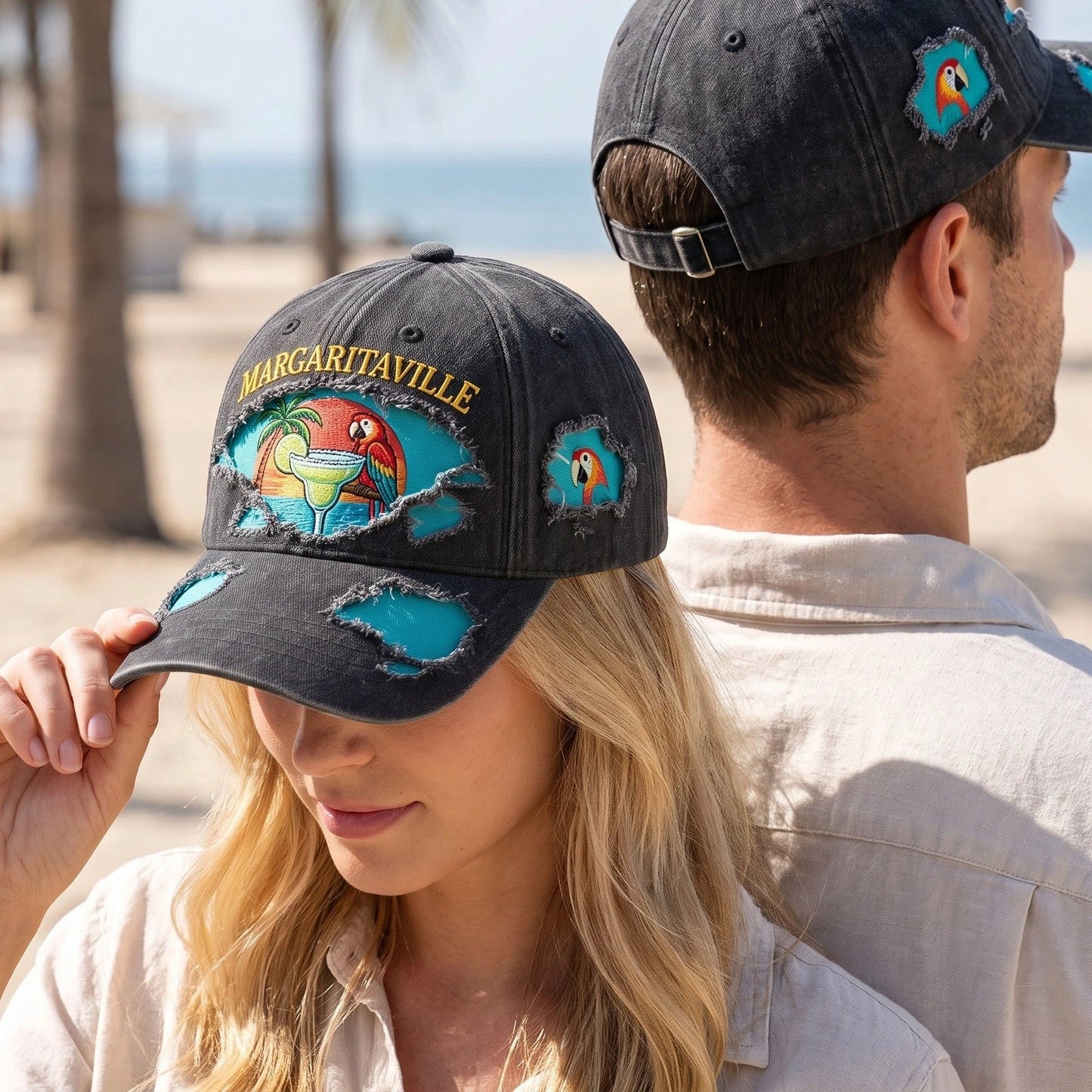 JBU Margarita Parrot Cheers Distressed Denim Cap