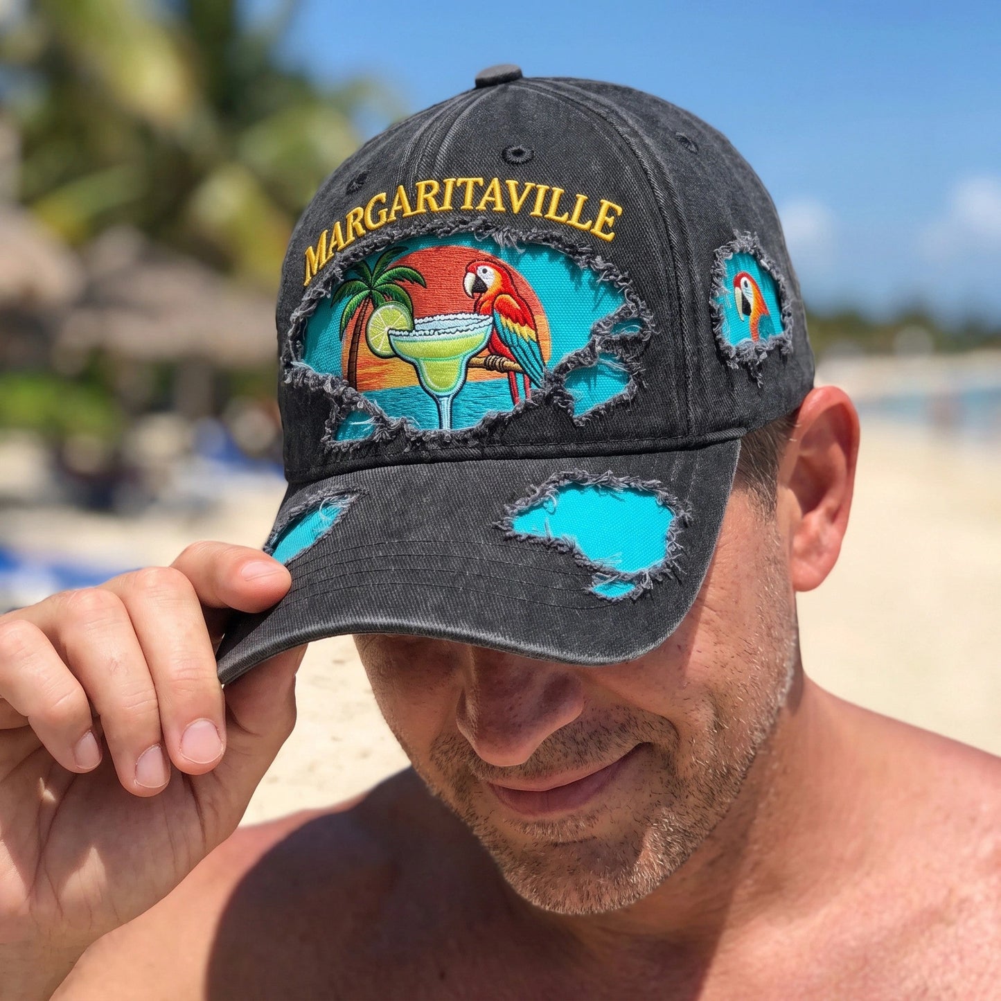 JBU Margarita Parrot Cheers Distressed Denim Cap