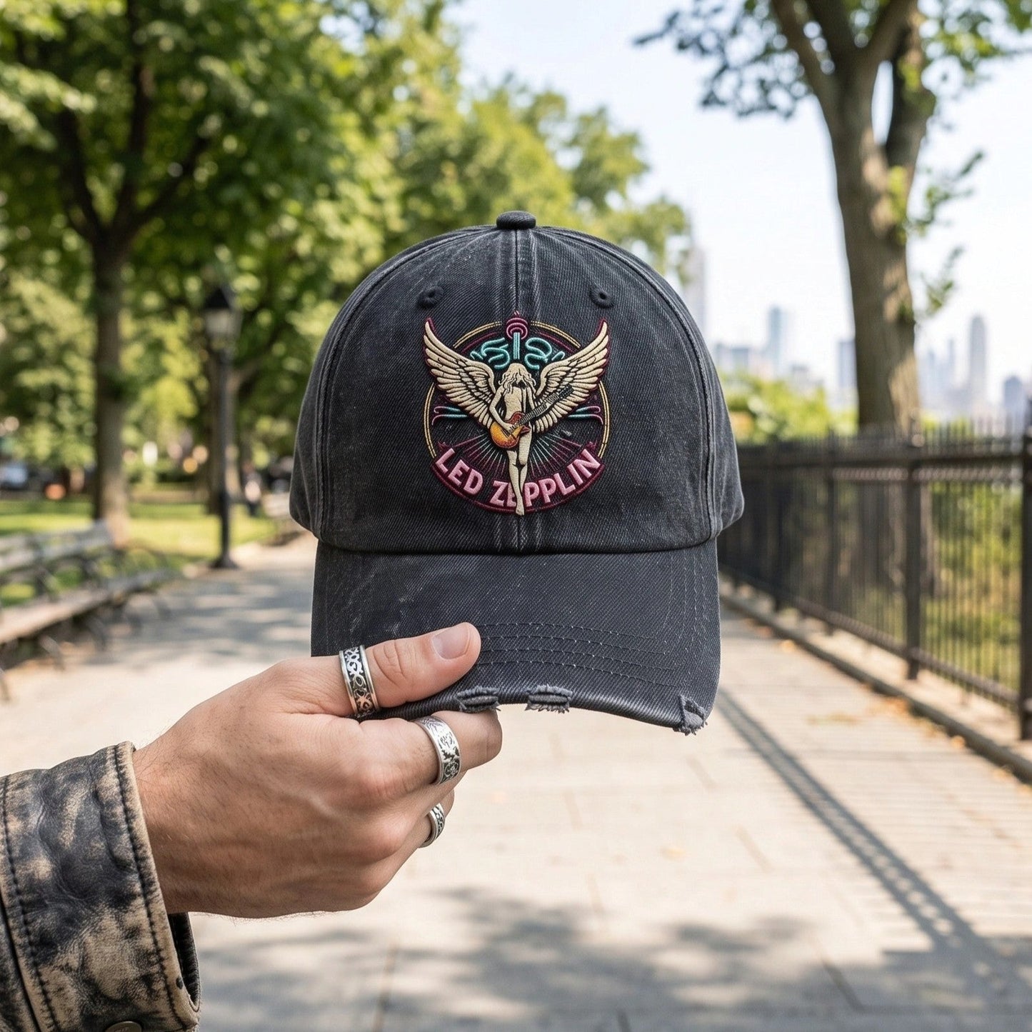 LZE Vintage Rock Guitar Wing Distressed Denim Cap