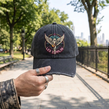 LZE Vintage Rock Guitar Wing Distressed Denim Cap