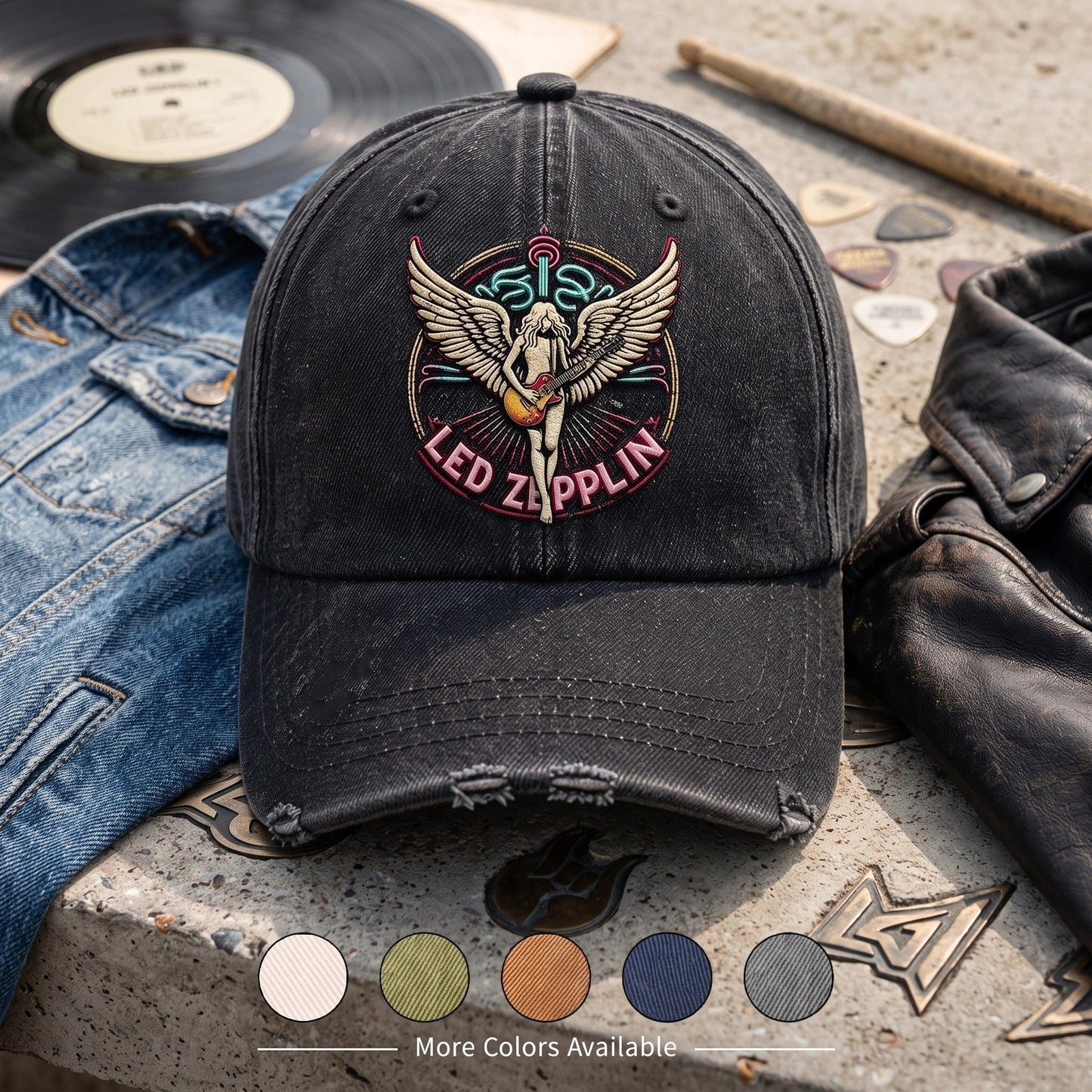 LZE Vintage Rock Guitar Wing Distressed Denim Cap