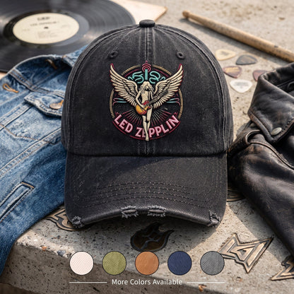 LZE Vintage Rock Guitar Wing Distressed Denim Cap