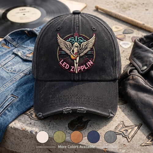 LZE Vintage Rock Guitar Wing Distressed Denim Cap