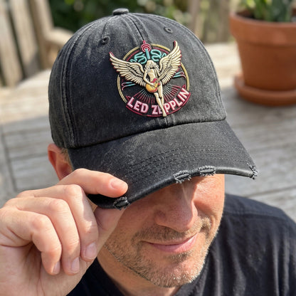 LZE Vintage Rock Guitar Wing Distressed Denim Cap