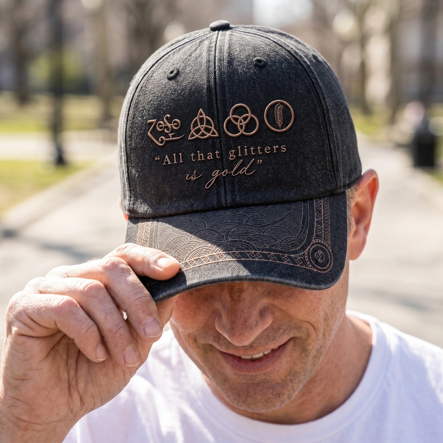LZE All That Glitters Is Gold Symbols Distressed Denim Cap