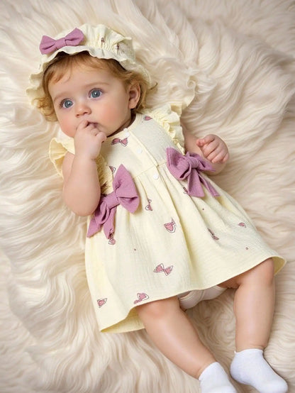 100% Cotton Newborn Baby Girl Dresses 0-9 Months Infant Cute bow print Dress +Hat 2PCS Set Summer Sweet Outfit Baby Clothing