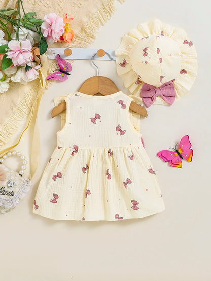 100% Cotton Newborn Baby Girl Dresses 0-9 Months Infant Cute bow print Dress +Hat 2PCS Set Summer Sweet Outfit Baby Clothing