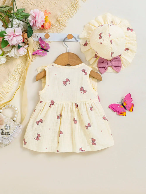 100% Cotton Newborn Baby Girl Dresses 0-9 Months Infant Cute bow print Dress +Hat 2PCS Set Summer Sweet Outfit Baby Clothing