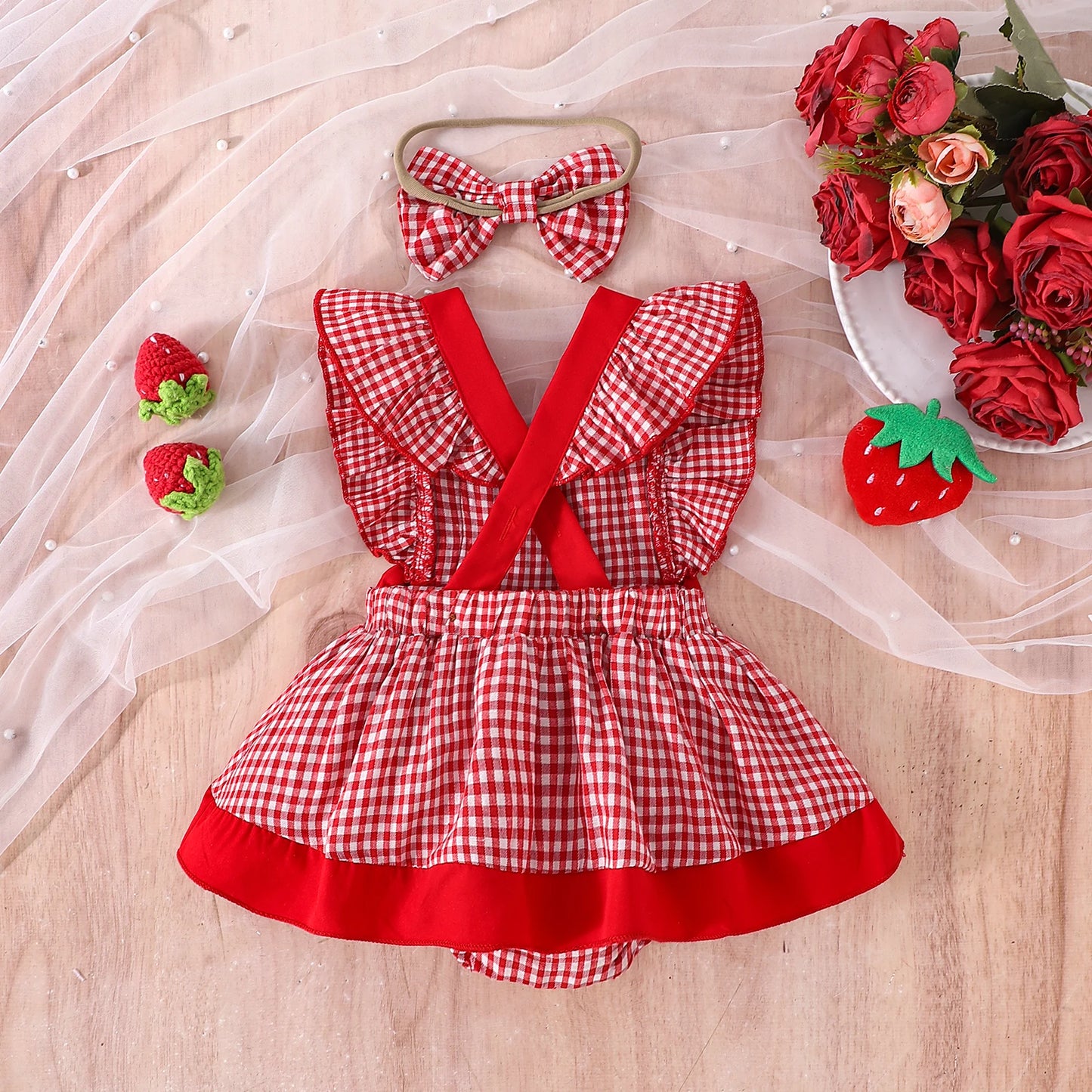 2PCS  Summer Cross-Border New Style For Girls And Babies 0-1 Years Old Sweet And Cute Red And White Plaid Dress Pants