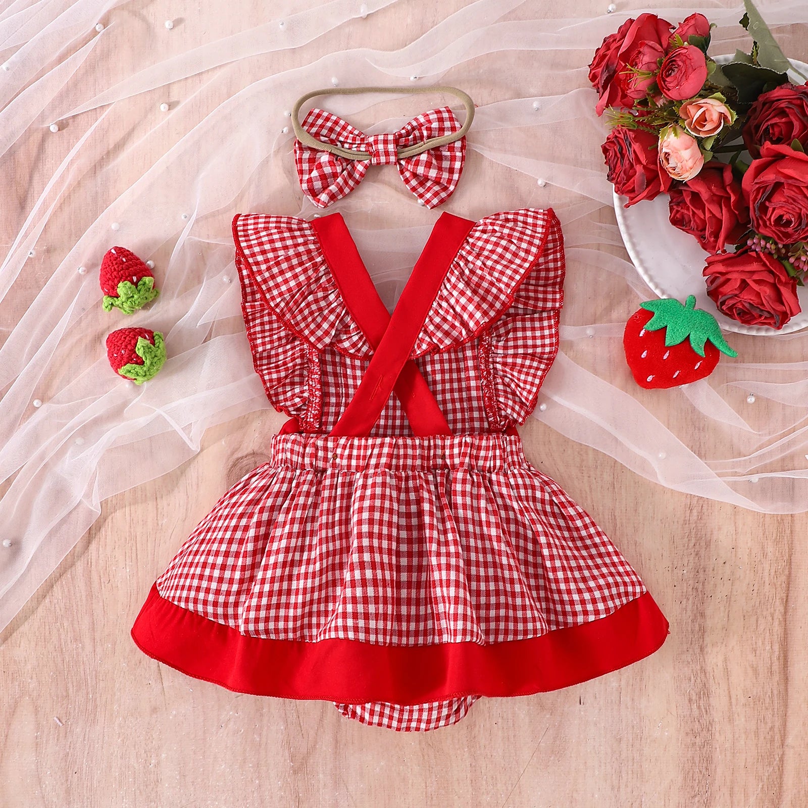 2PCS  Summer Cross-Border New Style For Girls And Babies 0-1 Years Old Sweet And Cute Red And White Plaid Dress Pants