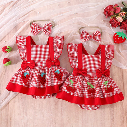 2PCS  Summer Cross-Border New Style For Girls And Babies 0-1 Years Old Sweet And Cute Red And White Plaid Dress Pants