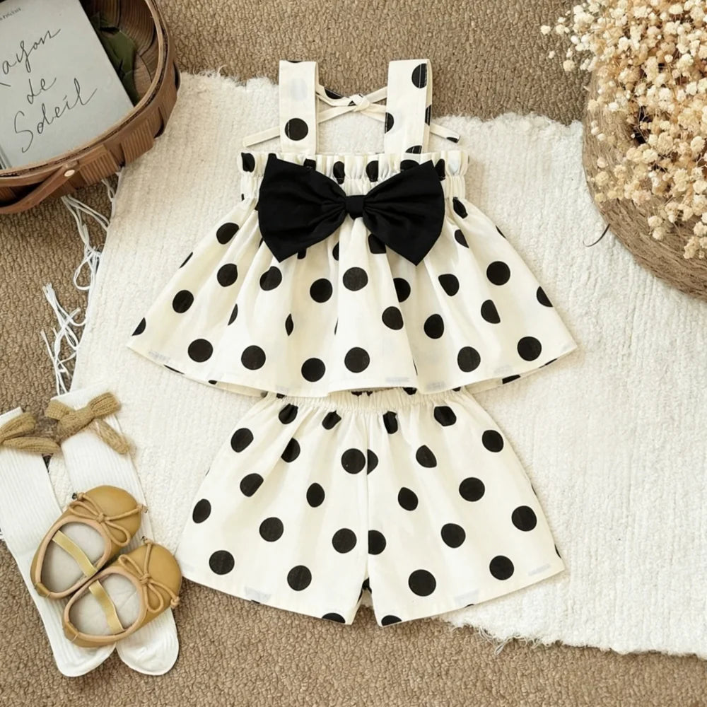 2pc/Set Girls' Outfit Set Summer Polka Dot Bow Blouse And Shorts Baby Girl Clothing Cute Beach Baby Set
