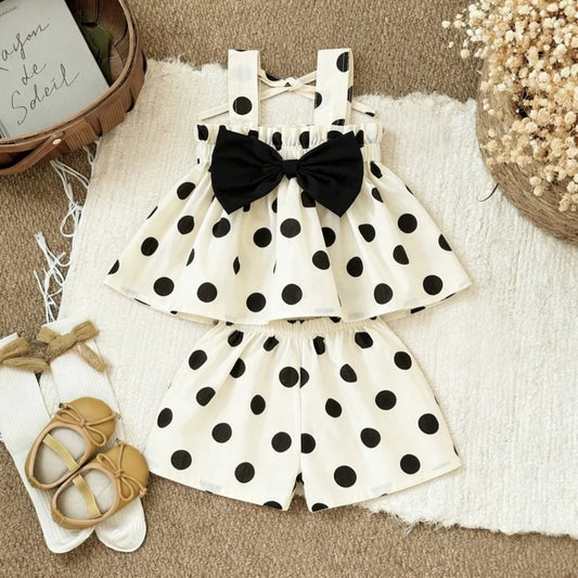 2pc/Set Girls' Outfit Set Summer Polka Dot Bow Blouse And Shorts Baby Girl Clothing Cute Beach Baby Set