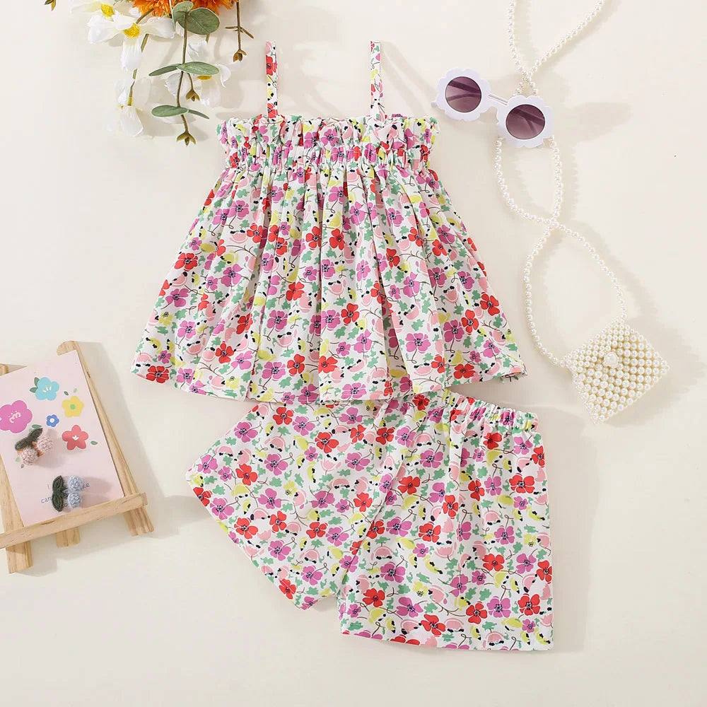 2pc/Set Baby Sets Summer Cotton Full Printed Flower Suspender Top Shorts Baby Girl Set Sweet And Cute Beach Baby Girl Clothing