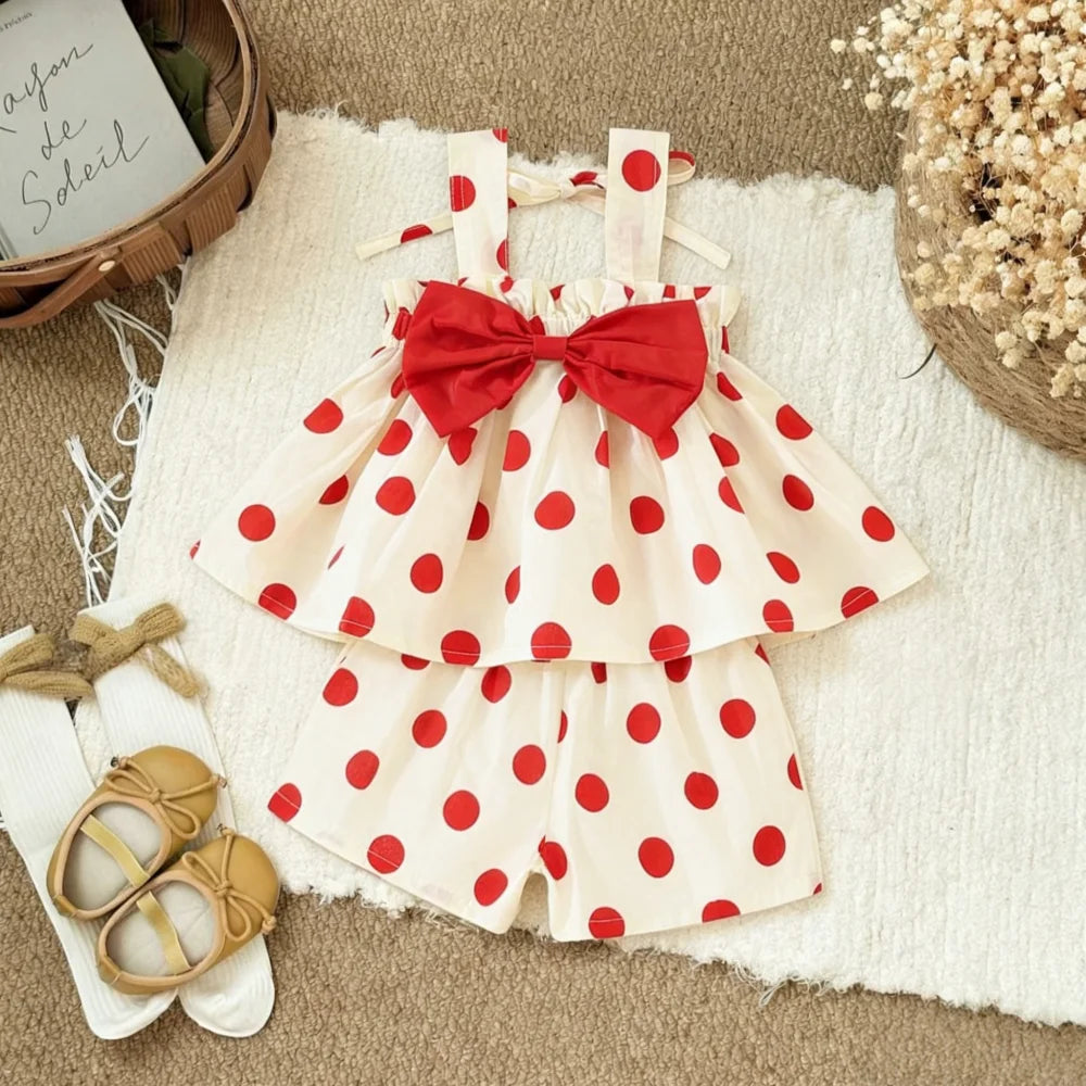 2pc/Set Girls' Outfit Set Summer Polka Dot Bow Blouse And Shorts Baby Girl Clothing Cute Beach Baby Set