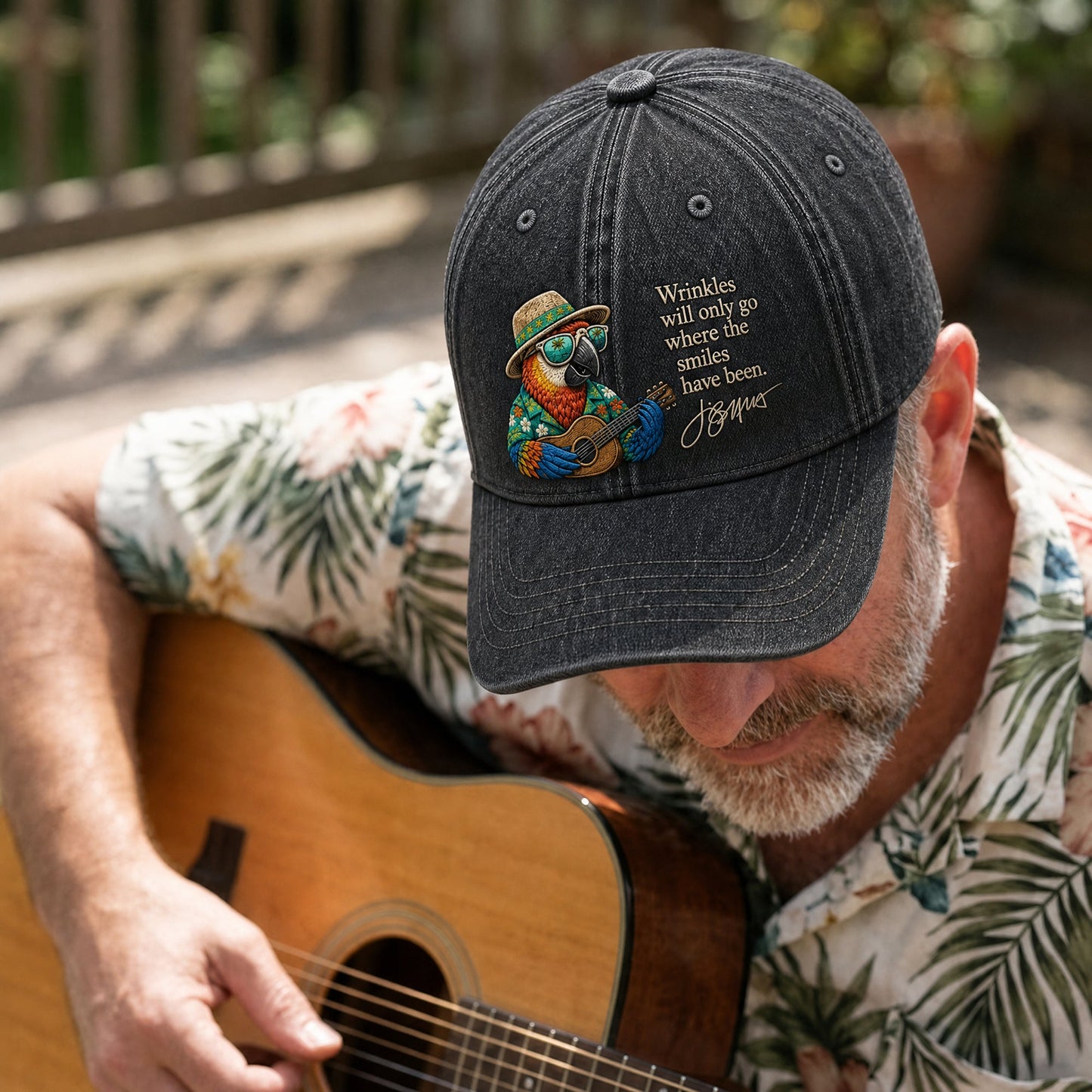 JBU Beachside Guitar Parrot Distressed Denim Cap