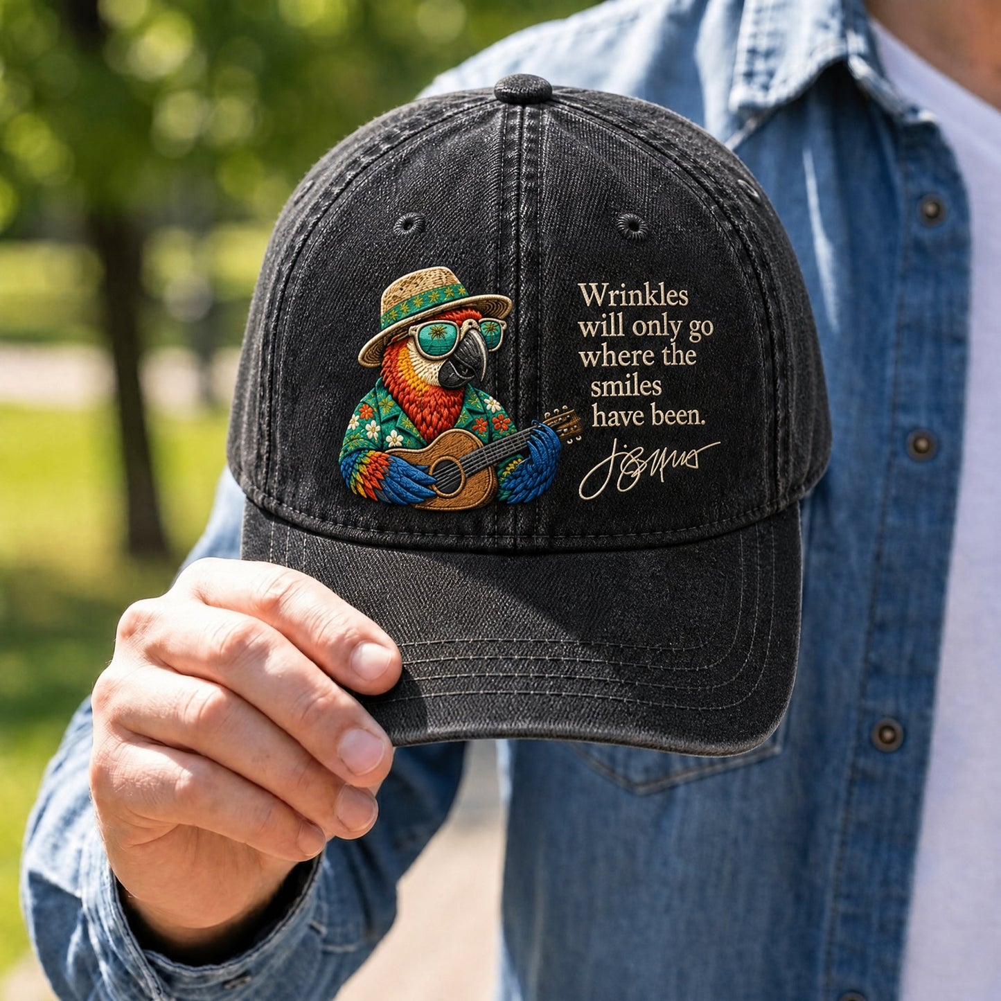 JBU Beachside Guitar Parrot Distressed Denim Cap