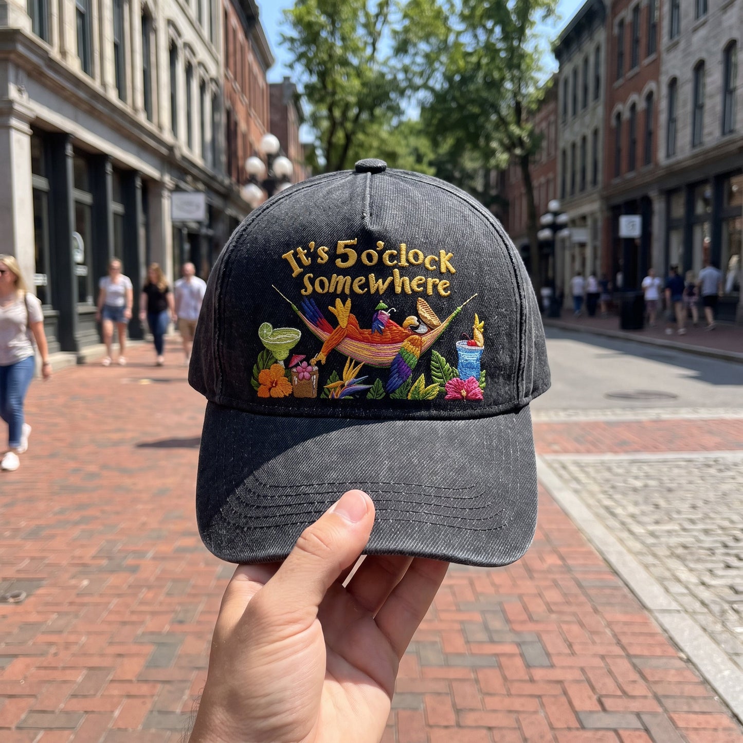 JBU Sunset Clock Cheers Distressed Denim Cap