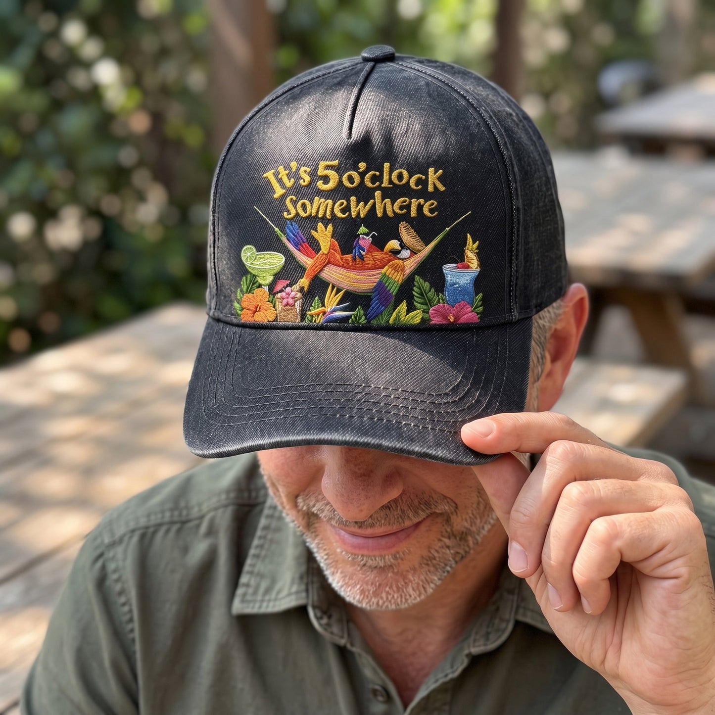 JBU Sunset Clock Cheers Distressed Denim Cap