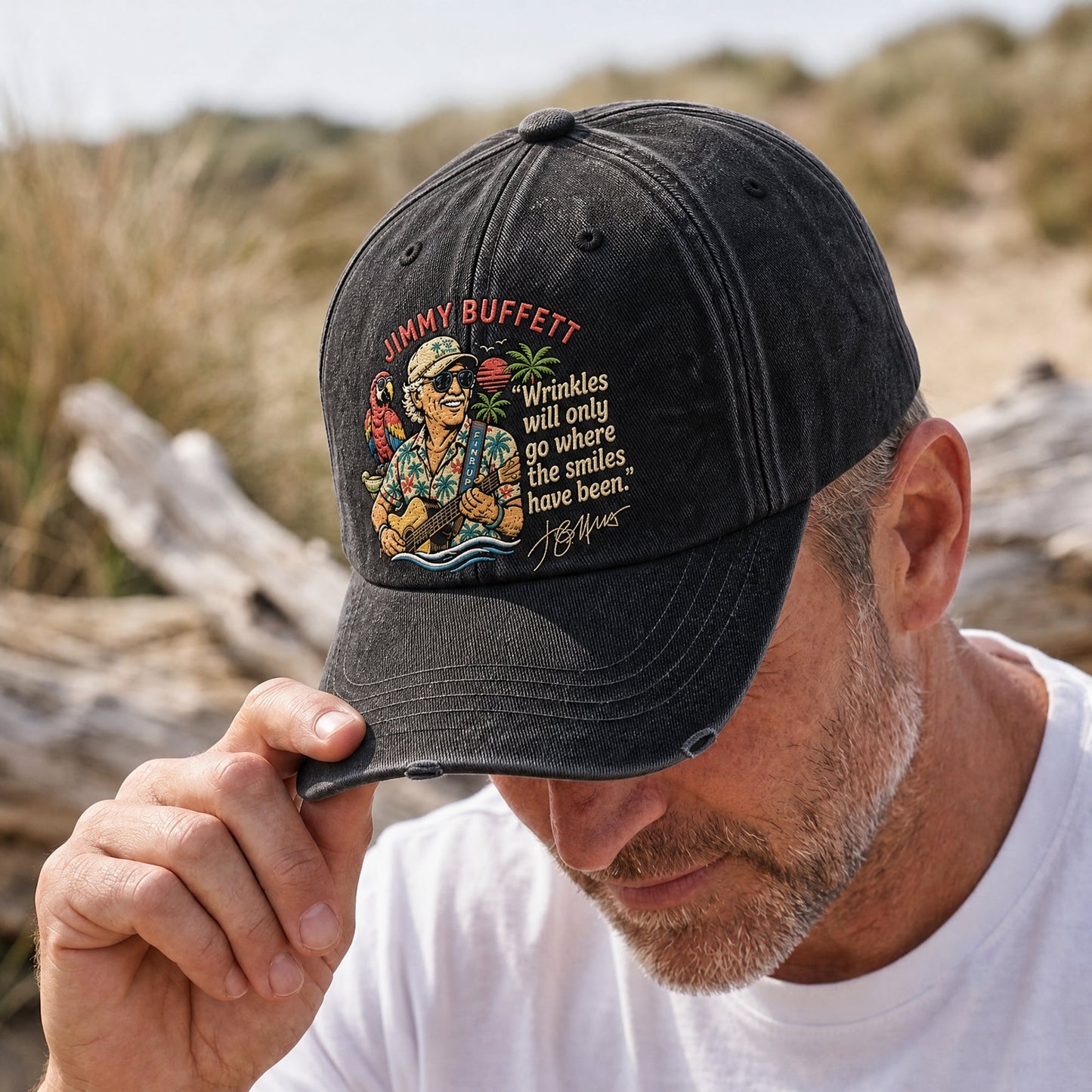 JBU Portrait Parrot Escape Distressed Denim Cap